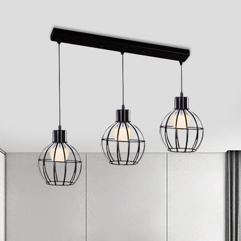 Vintage Black Cage-Style Suspended Ceiling Lamp By 3 Lights Global