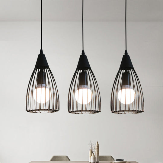 Retro Conic Ceiling Light with Wire Frame - 3 Bulbs, Metallic Finish, Black - Perfect for Dining Room