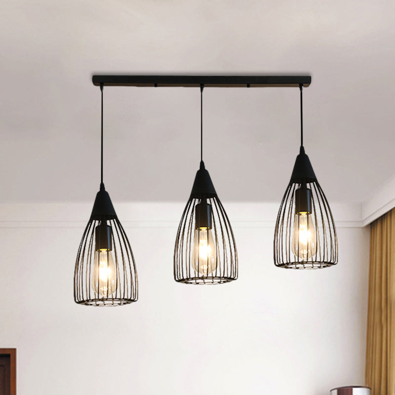 Retro Conic Ceiling Light with Wire Frame - 3 Bulbs, Metallic Finish, Black - Perfect for Dining Room