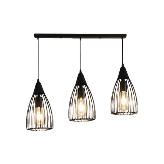 Retro Conic Ceiling Light with Wire Frame - 3 Bulbs, Metallic Finish, Black - Perfect for Dining Room