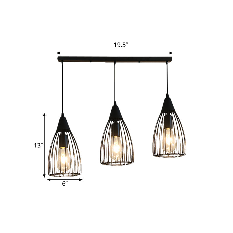 Retro Conic Ceiling Light with Wire Frame - 3 Bulbs, Metallic Finish, Black - Perfect for Dining Room