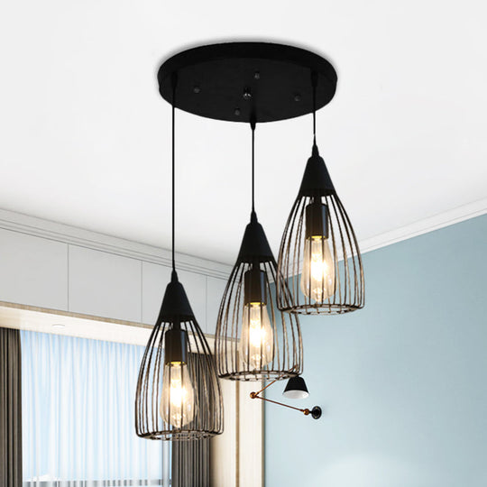 Retro Conic Ceiling Light with Wire Frame - 3 Bulbs, Metallic Finish, Black - Perfect for Dining Room