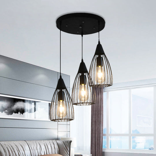 Retro Conic Ceiling Light with Wire Frame - 3 Bulbs, Metallic Finish, Black - Perfect for Dining Room