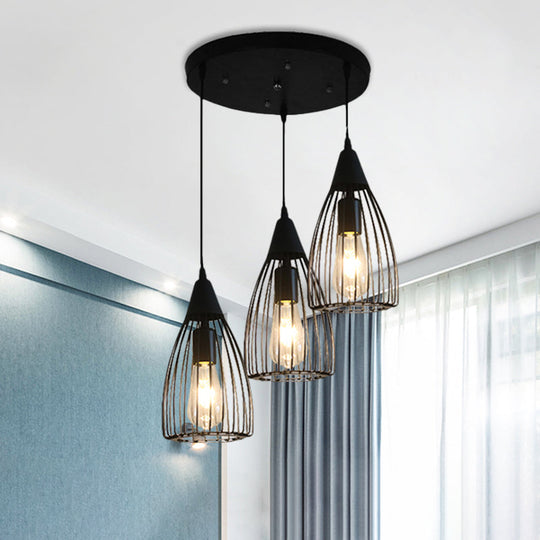 Retro 3-Bulb Metallic Ceiling Light With Black Wire Frame For Dining Room