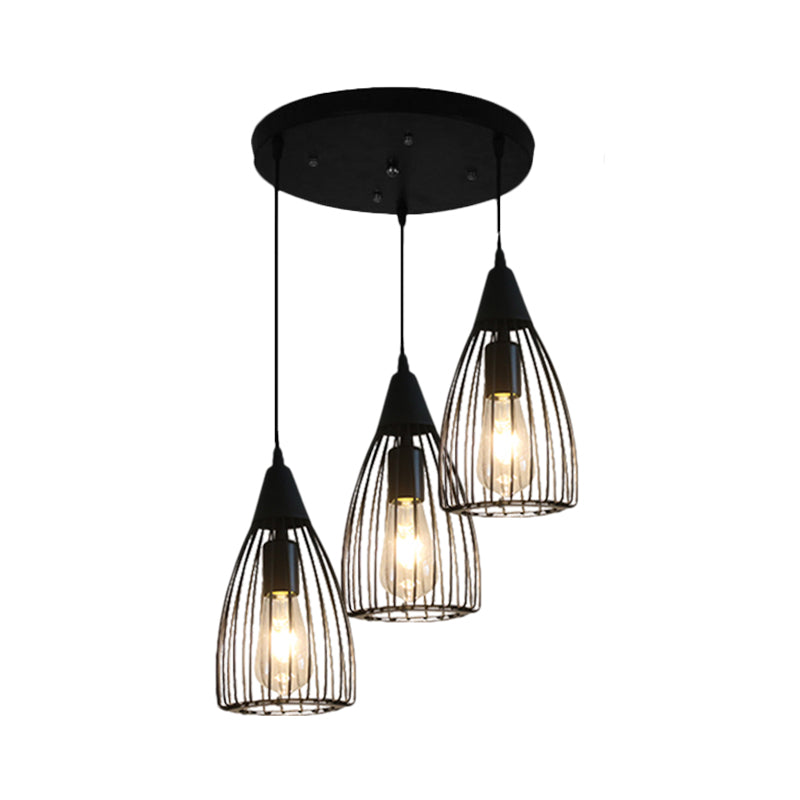 Retro Conic Ceiling Light with Wire Frame - 3 Bulbs, Metallic Finish, Black - Perfect for Dining Room