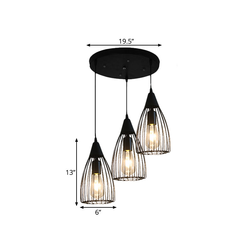 Retro Conic Ceiling Light with Wire Frame - 3 Bulbs, Metallic Finish, Black - Perfect for Dining Room