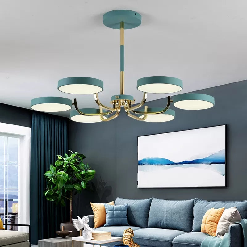 Stylish Round Macaron Chandelier - Acrylic And Wood Perfect For Study Room 6 Heads Ceiling Pendant