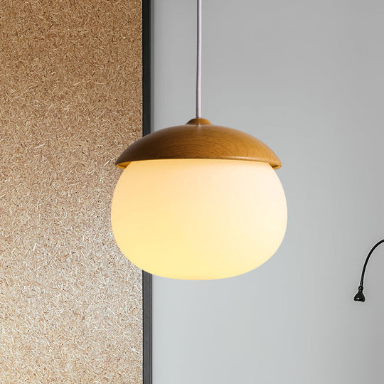 Japanese-Style Glass & Wood Pendant Light In White - Nut-Shaped Hanging For Shops