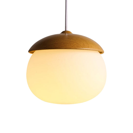 Japanese-Style Glass & Wood Pendant Light In White - Nut-Shaped Hanging For Shops