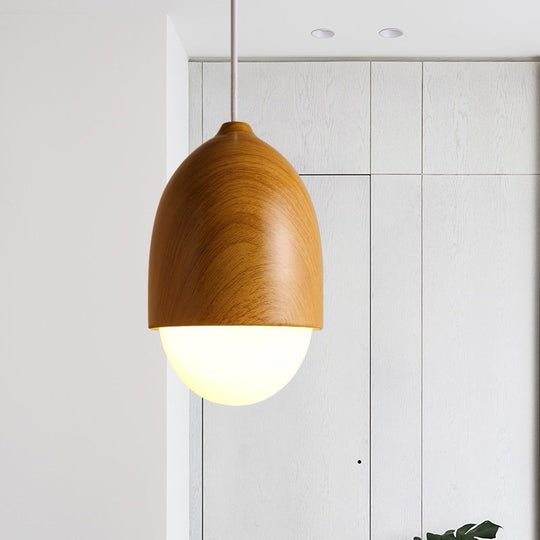 Japanese-Style Glass & Wood Pendant Light In White - Nut-Shaped Hanging For Shops