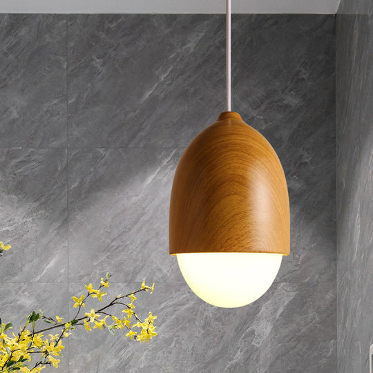 Japanese-Style Glass & Wood Pendant Light In White - Nut-Shaped Hanging For Shops