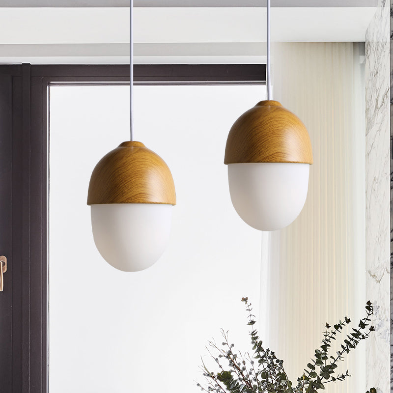 Japanese-Style Glass & Wood Pendant Light In White - Nut-Shaped Hanging For Shops