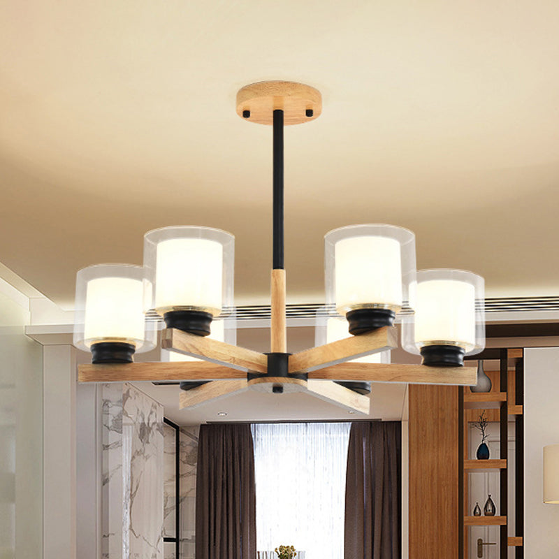 Wooden Double Glass Chandelier With Cylinder Shade - 3/6 Lights For Living Room Ceiling