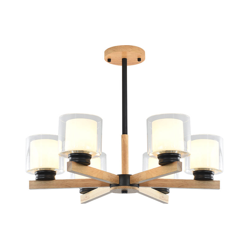 Wooden Hanging Chandelier with Double Glass Cylinder Shade - 3/6 Light Ceiling Lamp for Living Room