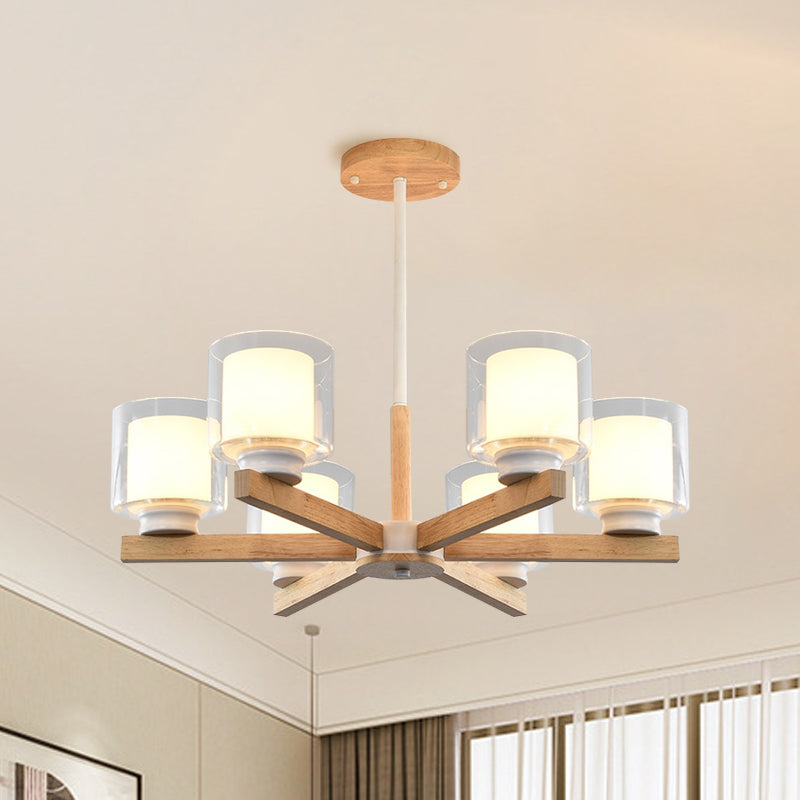 Wooden Double Glass Chandelier With Cylinder Shade - 3/6 Lights For Living Room Ceiling