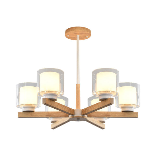 Wooden Hanging Chandelier with Double Glass Cylinder Shade - 3/6 Light Ceiling Lamp for Living Room