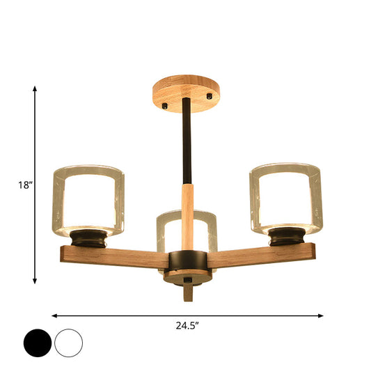 Wooden Double Glass Chandelier With Cylinder Shade - 3/6 Lights For Living Room Ceiling