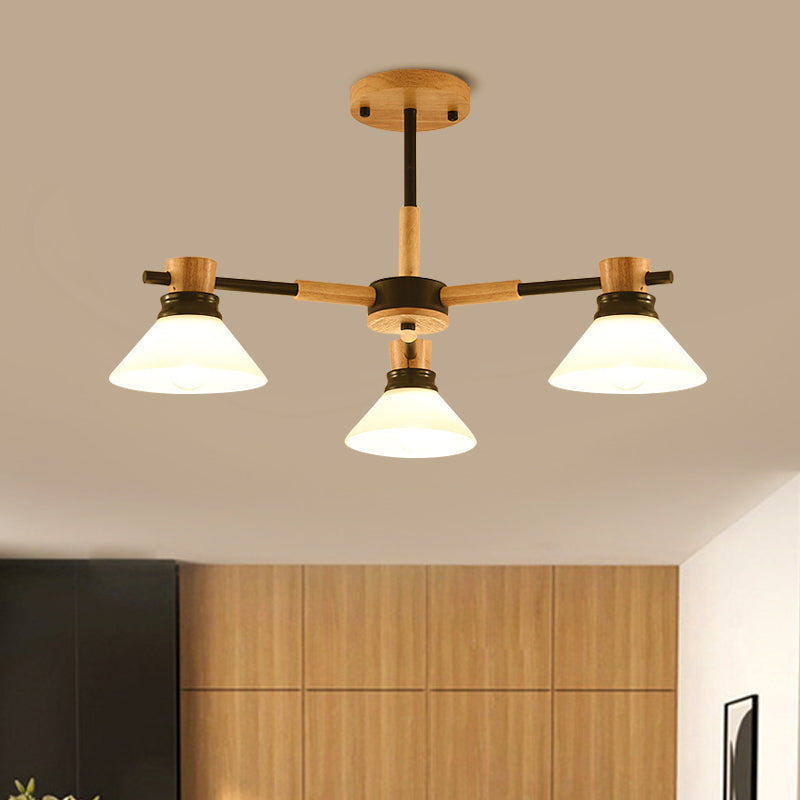 Modern Glass and Wood Hanging Pendant Chandelier - Black/Gold Branch Cone Shade for Sitting Room