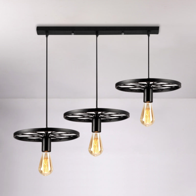 Industrial Style Iron Hanging Pendant Light with Wheel - 3 Lights, Black Bare Bulb - Perfect for Restaurants and Ceilings