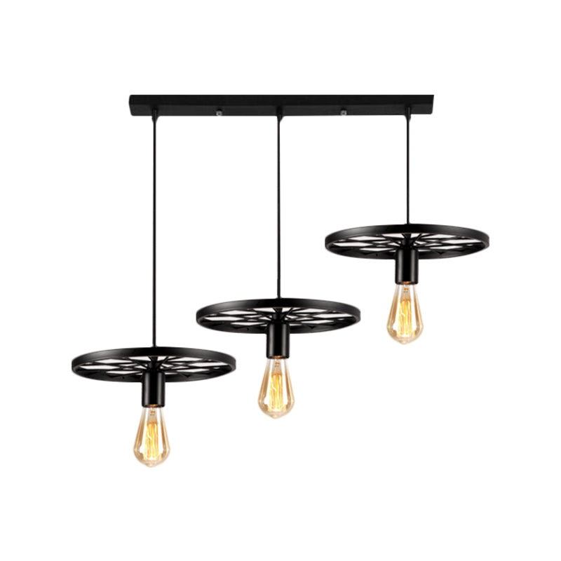 Industrial Style Iron Hanging Pendant Light with Wheel - 3 Lights, Black Bare Bulb - Perfect for Restaurants and Ceilings