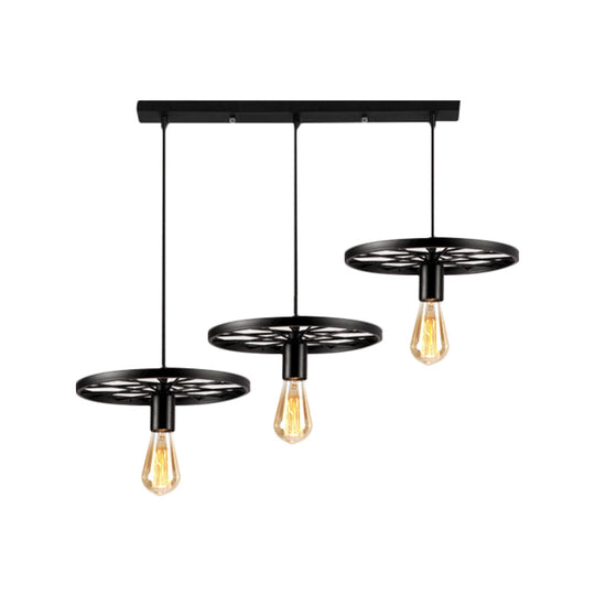 Industrial Style Iron Hanging Pendant Light with Wheel - 3 Lights, Black Bare Bulb - Perfect for Restaurants and Ceilings