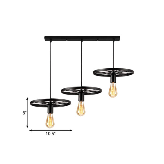 Industrial Style Iron Hanging Pendant Light with Wheel - 3 Lights, Black Bare Bulb - Perfect for Restaurants and Ceilings