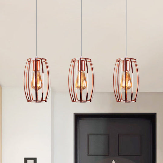 Iron Copper Hanging Lamp With Oval Cage Shade - Industrial Style Ceiling Fixture 3 Bulbs For Bedroom