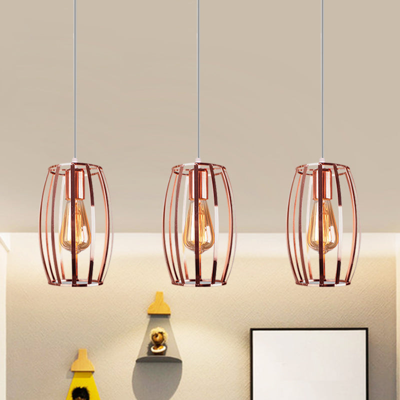 Iron Copper Hanging Lamp with Oval Cage Shade - Industrial Ceiling Fixture, 3 Bulbs - Stylish Lighting for Bedroom