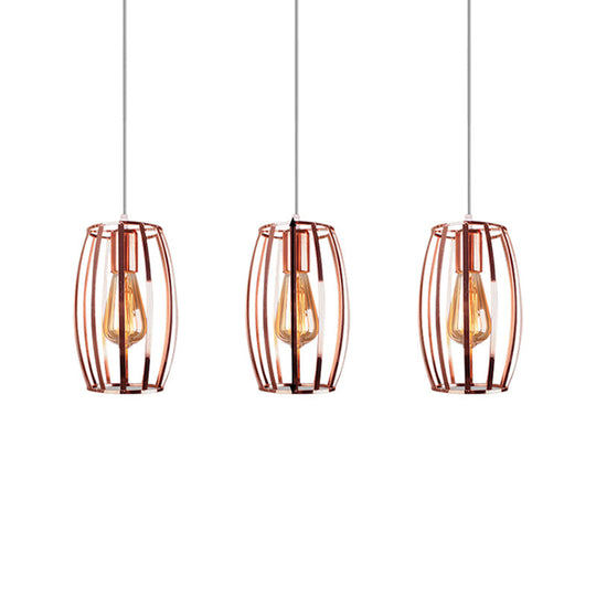 Iron Copper Hanging Lamp with Oval Cage Shade - Industrial Ceiling Fixture, 3 Bulbs - Stylish Lighting for Bedroom