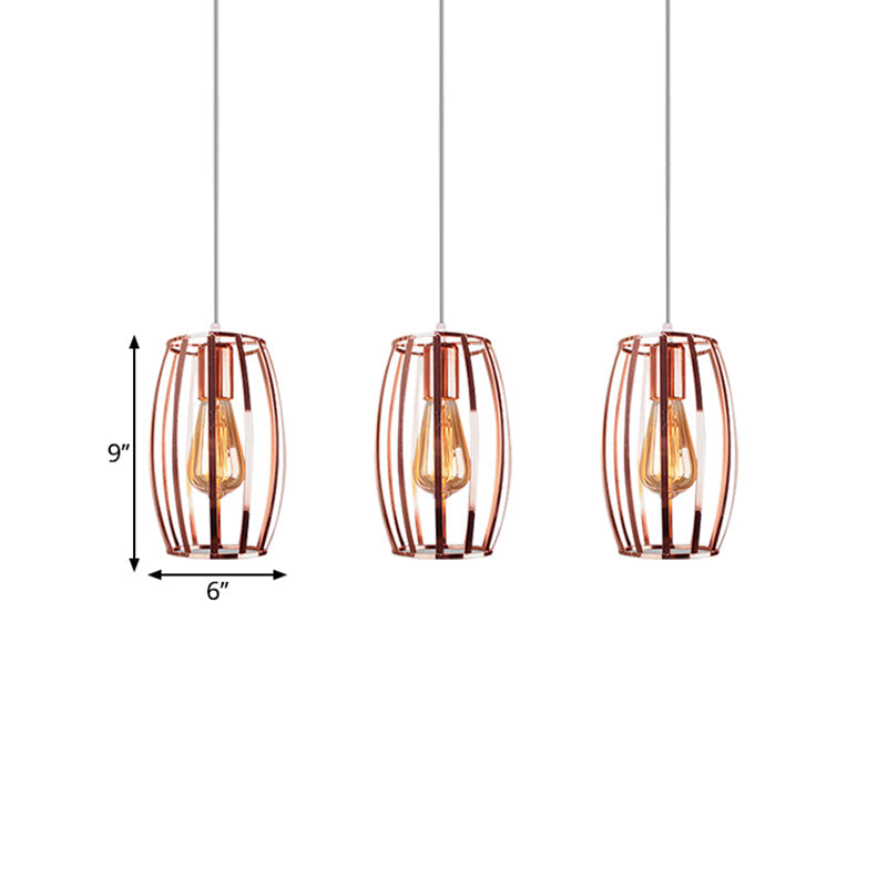 Iron Copper Hanging Lamp with Oval Cage Shade - Industrial Ceiling Fixture, 3 Bulbs - Stylish Lighting for Bedroom