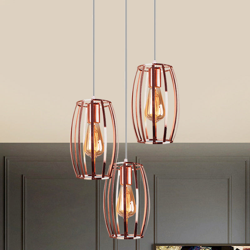 Iron Copper Hanging Lamp With Oval Cage Shade - Industrial Style Ceiling Fixture 3 Bulbs For Bedroom