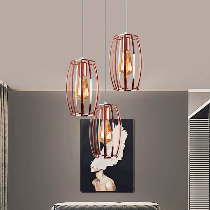 Iron Copper Hanging Lamp with Oval Cage Shade - Industrial Ceiling Fixture, 3 Bulbs - Stylish Lighting for Bedroom