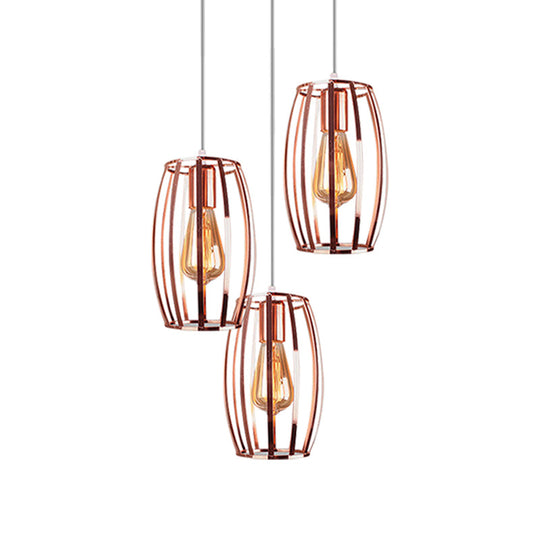 Iron Copper Hanging Lamp with Oval Cage Shade - Industrial Ceiling Fixture, 3 Bulbs - Stylish Lighting for Bedroom