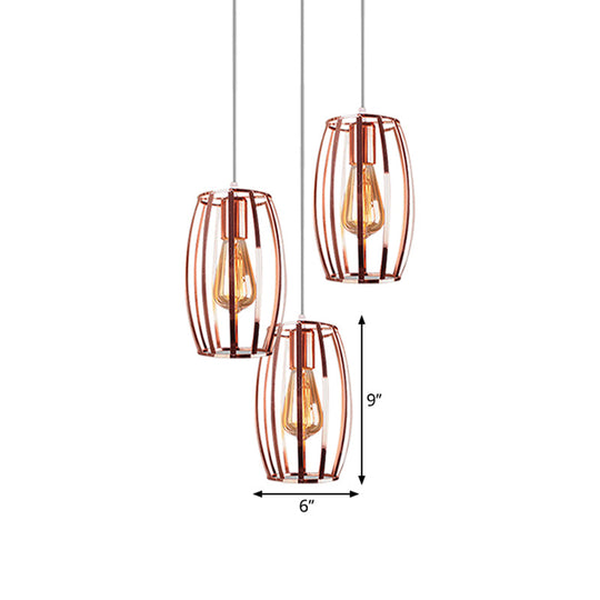 Iron Copper Hanging Lamp with Oval Cage Shade - Industrial Ceiling Fixture, 3 Bulbs - Stylish Lighting for Bedroom