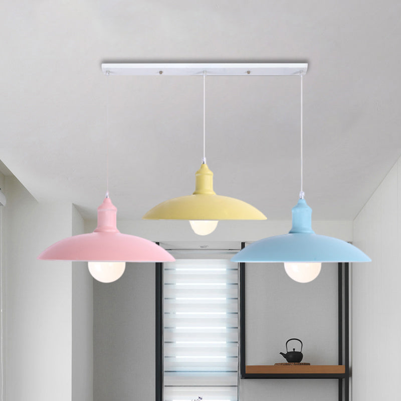 Industrial Style Metallic 3-Head Kitchen Ceiling Light With Multi-Colored Saucer/Dome Shades