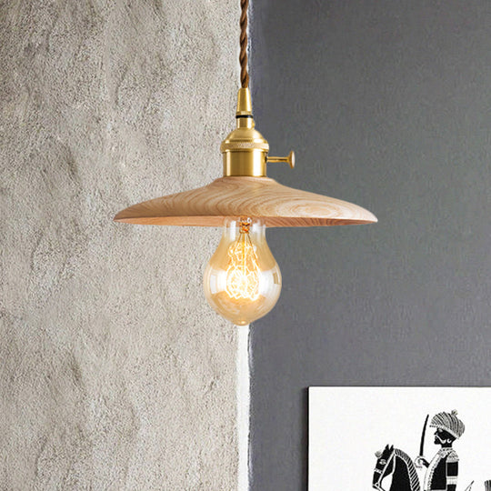 Brown/Beige Conical Living Room Suspension Light - 1 Light Contemporary Hanging Lamp in Wood Finish