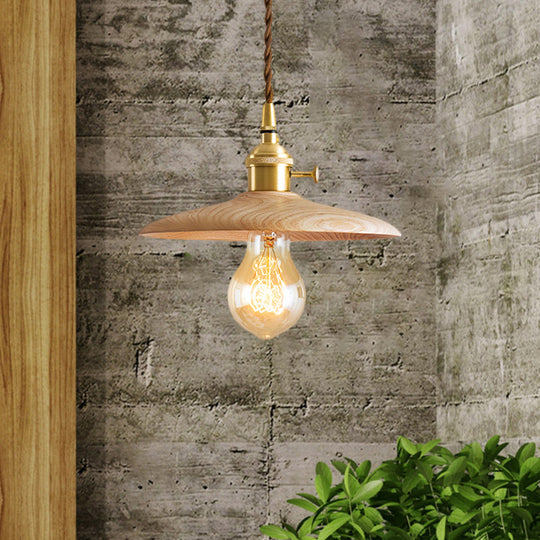 Brown/Beige Conical Living Room Suspension Light - 1 Light Contemporary Hanging Lamp in Wood Finish