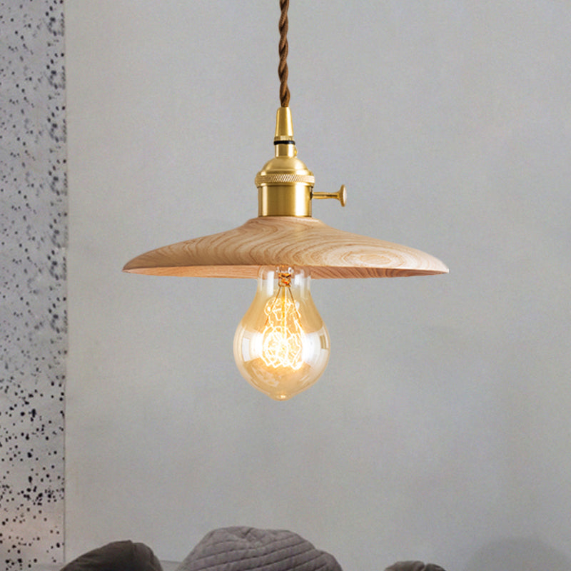 Contemporary Conical Hanging Lamp In Brown/Beige 1-Light Wood Suspension Light For Living Room