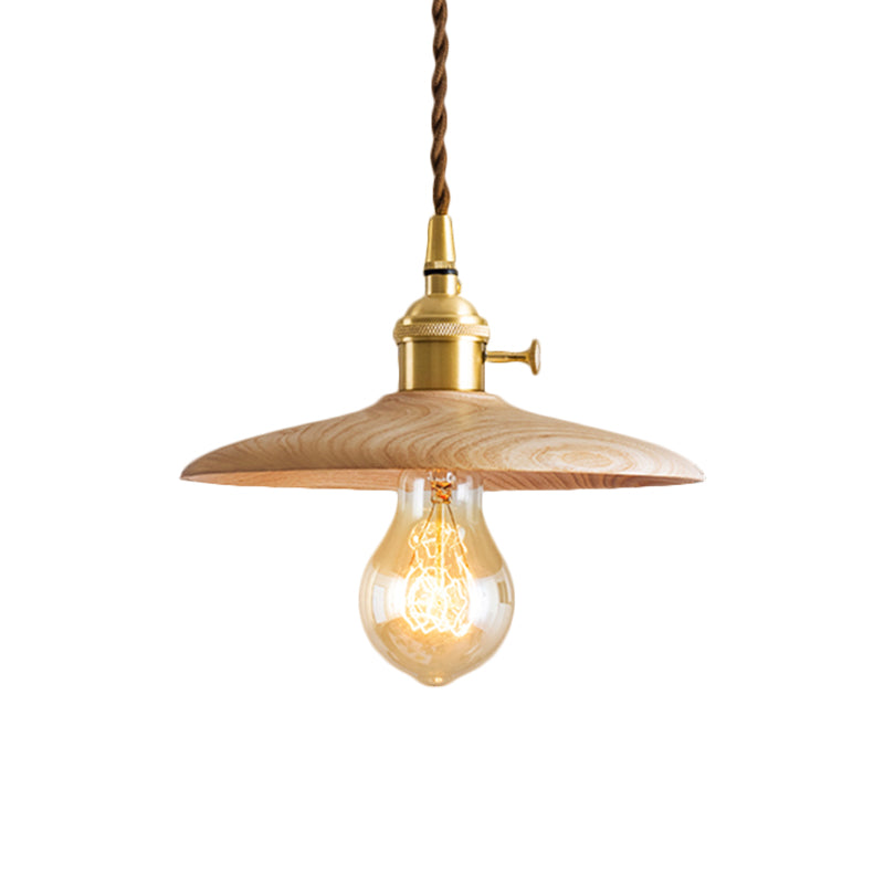 Brown/Beige Conical Living Room Suspension Light - 1 Light Contemporary Hanging Lamp in Wood Finish