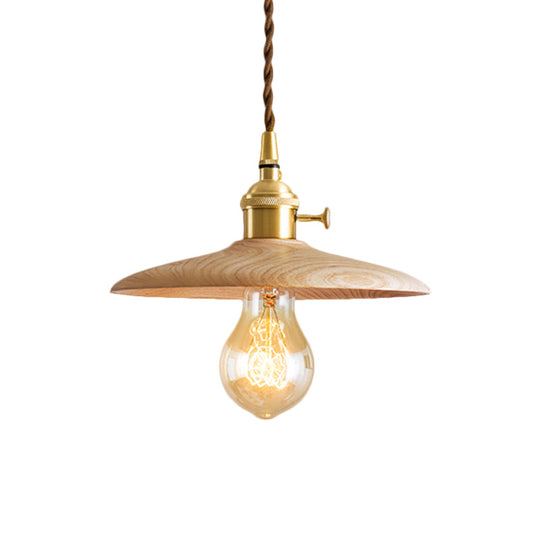 Brown/Beige Conical Living Room Suspension Light - 1 Light Contemporary Hanging Lamp in Wood Finish