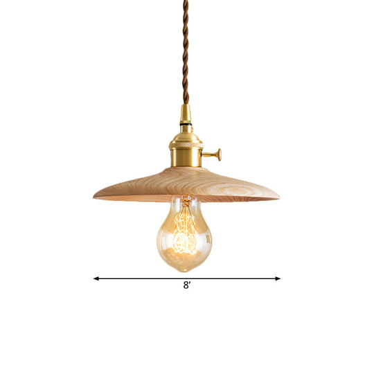 Brown/Beige Conical Living Room Suspension Light - 1 Light Contemporary Hanging Lamp in Wood Finish