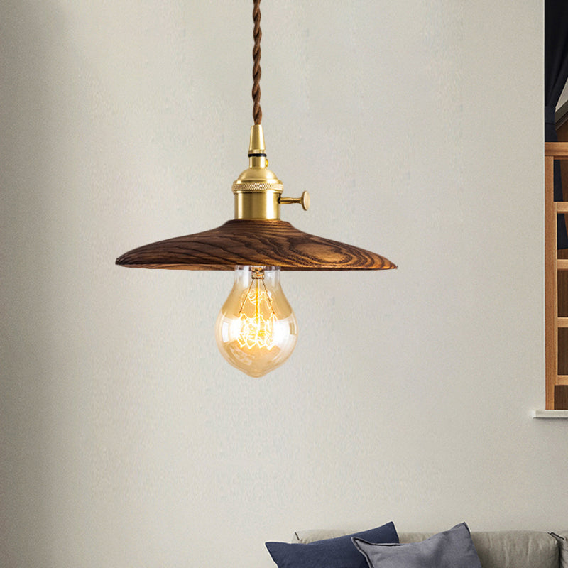 Contemporary Conical Hanging Lamp In Brown/Beige 1-Light Wood Suspension Light For Living Room