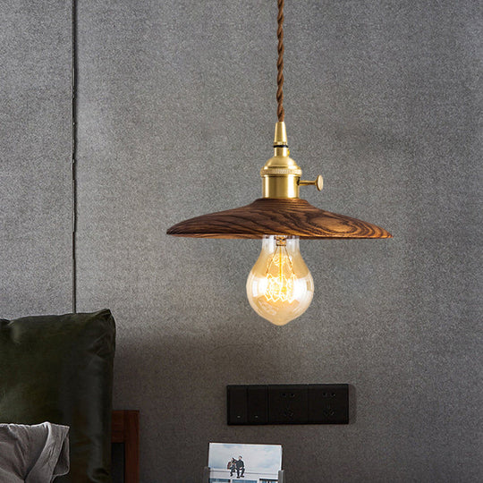 Brown/Beige Conical Living Room Suspension Light - 1 Light Contemporary Hanging Lamp in Wood Finish