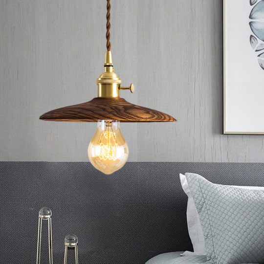 Brown/Beige Conical Living Room Suspension Light - 1 Light Contemporary Hanging Lamp in Wood Finish