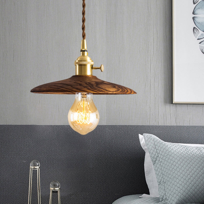 Contemporary Conical Hanging Lamp In Brown/Beige 1-Light Wood Suspension Light For Living Room