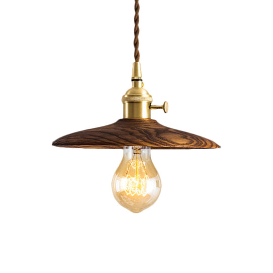 Brown/Beige Conical Living Room Suspension Light - 1 Light Contemporary Hanging Lamp in Wood Finish