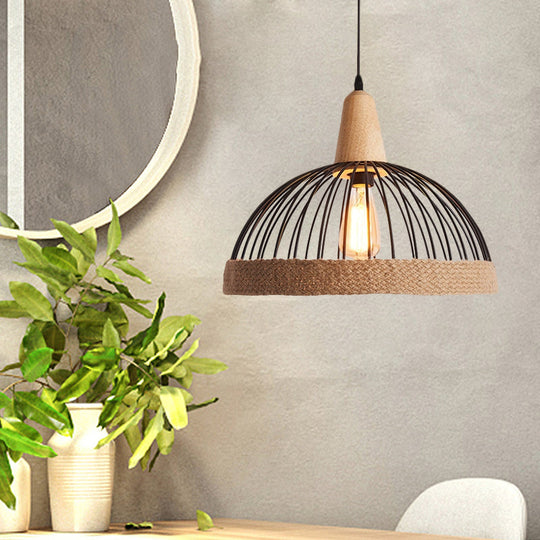 Lodge Metal and Rope Hanging Lamp with Black/White Dome Cage - 1 Light Restaurant Suspension