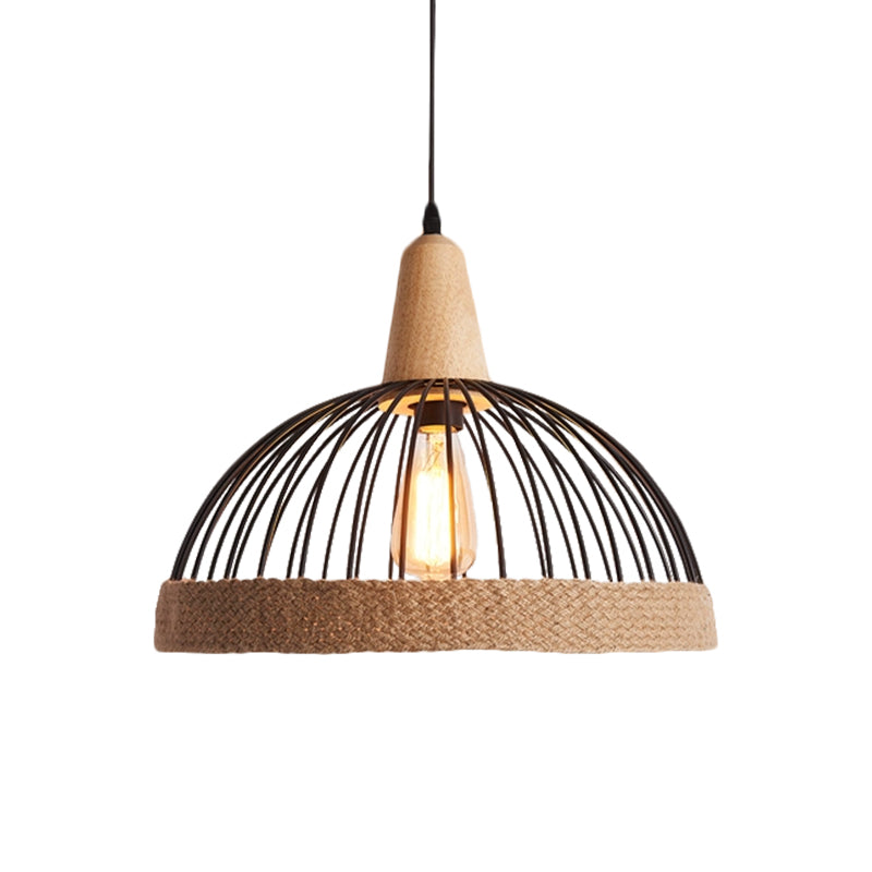 Lodge Metal and Rope Hanging Lamp with Black/White Dome Cage - 1 Light Restaurant Suspension