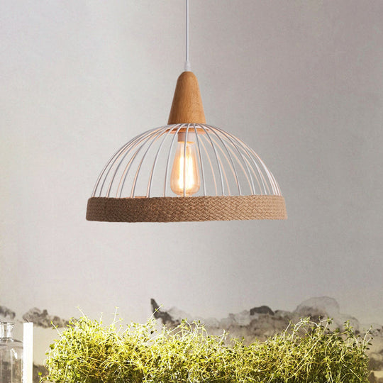 Lodge Metal and Rope Hanging Lamp with Black/White Dome Cage - 1 Light Restaurant Suspension