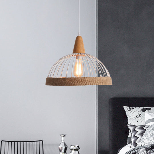 Lodge Metal and Rope Hanging Lamp with Black/White Dome Cage - 1 Light Restaurant Suspension